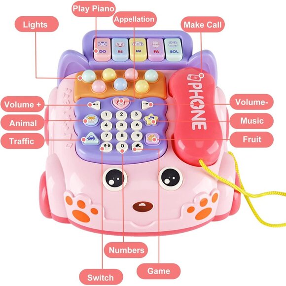 Pink Baby Toy Phone Cartoon Baby Piano Music Light Toy Children Pretend Phone - Picture 3 of 6